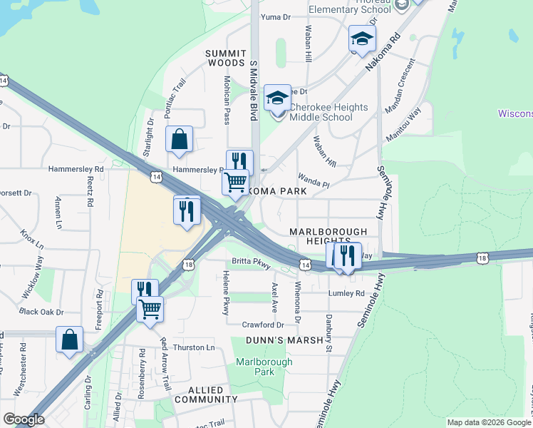map of restaurants, bars, coffee shops, grocery stores, and more near 4335 Doncaster Drive in Madison