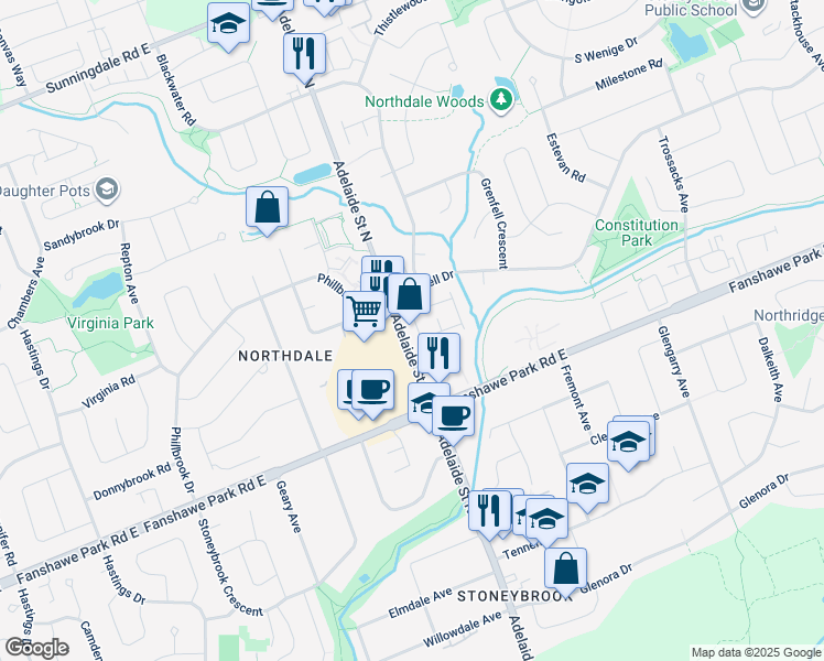map of restaurants, bars, coffee shops, grocery stores, and more near 601 Grenfell Drive in London
