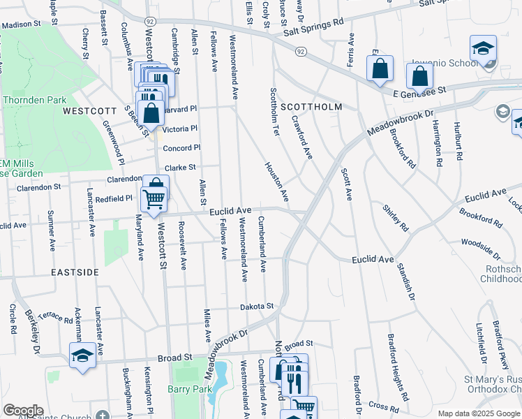map of restaurants, bars, coffee shops, grocery stores, and more near 139 Cumberland Avenue in Syracuse