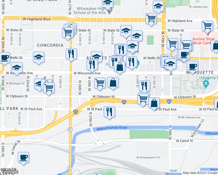 map of restaurants, bars, coffee shops, grocery stores, and more near 2312 West Clybourn Street in Milwaukee
