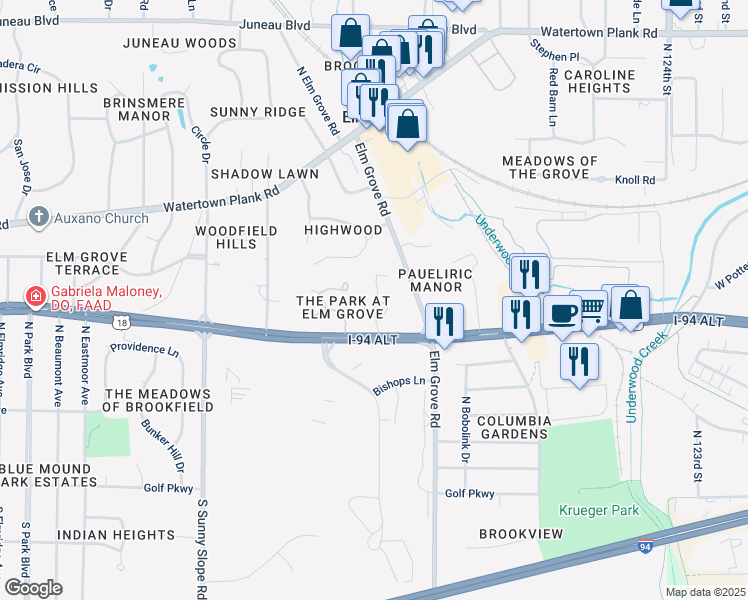 map of restaurants, bars, coffee shops, grocery stores, and more near 540 Park Circle in Elm Grove