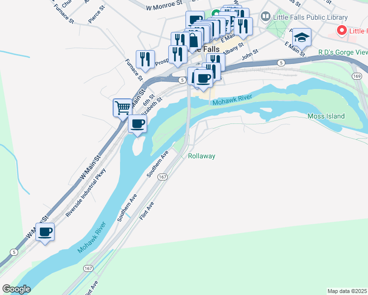 map of restaurants, bars, coffee shops, grocery stores, and more near New York 167 in Little Falls