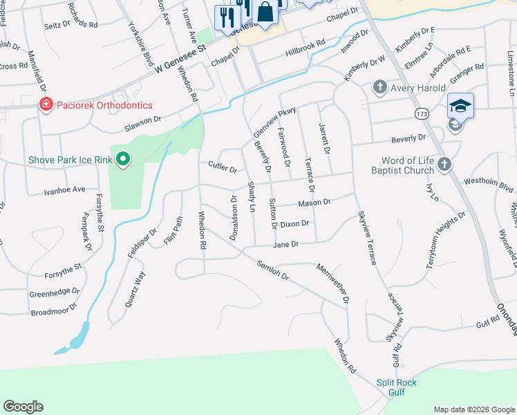 map of restaurants, bars, coffee shops, grocery stores, and more near 117 Shady Lane in Syracuse