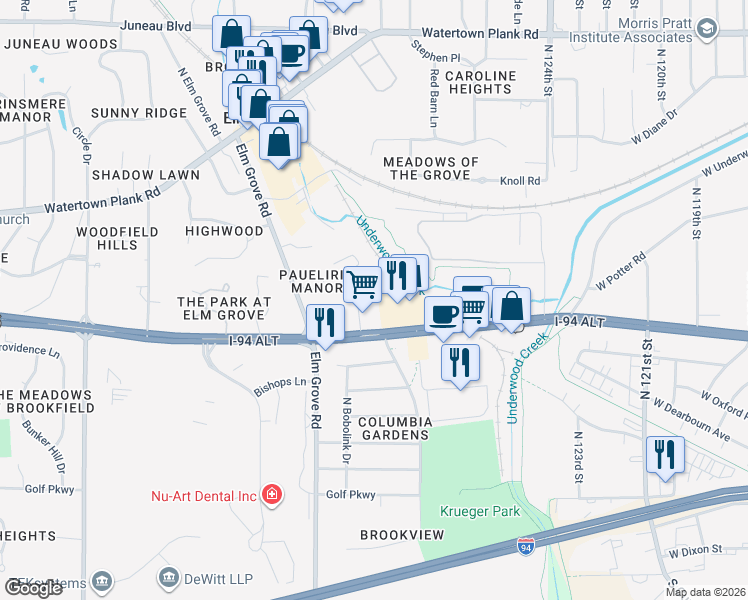 map of restaurants, bars, coffee shops, grocery stores, and more near 12970 U.S. 18 in Elm Grove