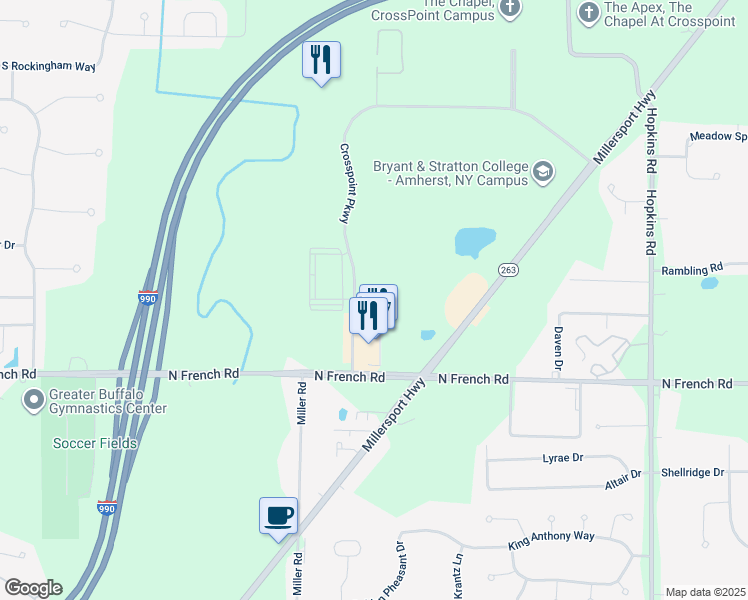 map of restaurants, bars, coffee shops, grocery stores, and more near 105 Crosspoint Parkway in Getzville