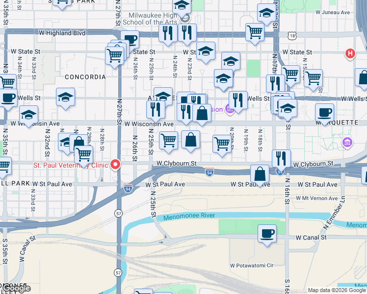 map of restaurants, bars, coffee shops, grocery stores, and more near 2319 West Michigan Street in Milwaukee