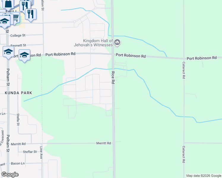 map of restaurants, bars, coffee shops, grocery stores, and more near 17 Rice Road in Welland