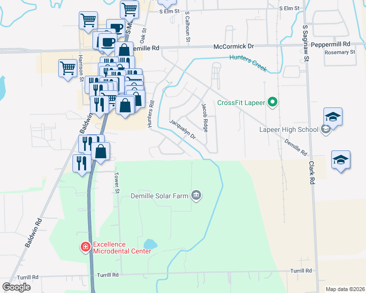 map of restaurants, bars, coffee shops, grocery stores, and more near 126 Hunters Rill in Lapeer