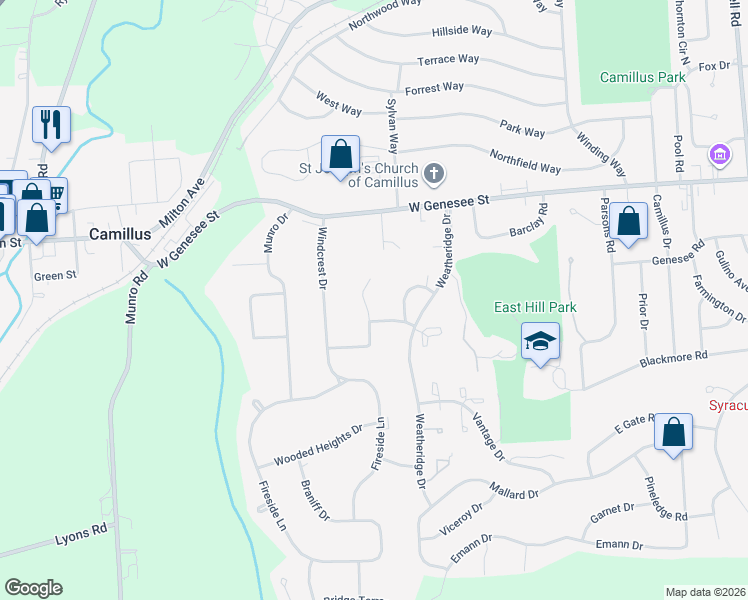 map of restaurants, bars, coffee shops, grocery stores, and more near 121 Rebhahn Drive in Camillus