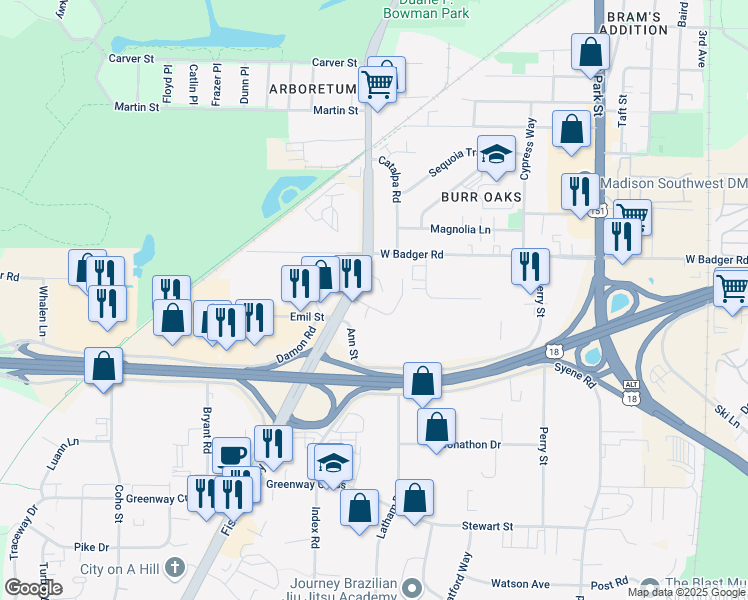 map of restaurants, bars, coffee shops, grocery stores, and more near 1129 Petra Place in Madison