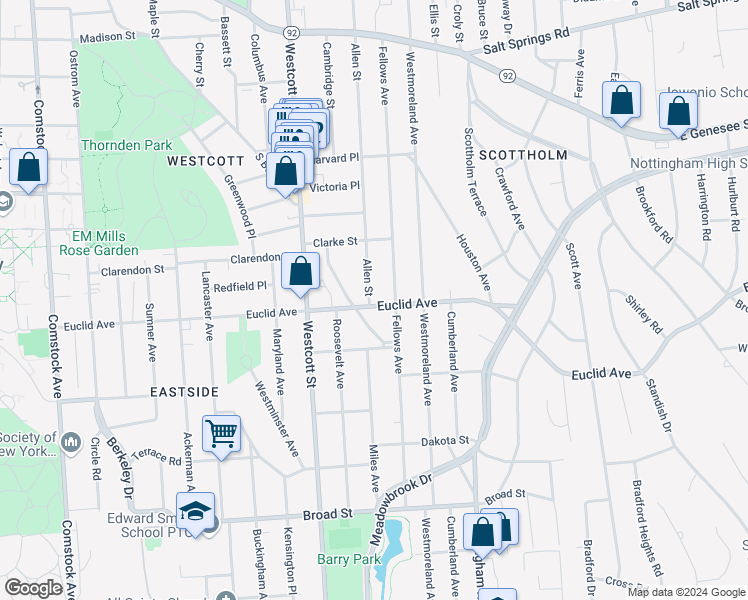 map of restaurants, bars, coffee shops, grocery stores, and more near 1015 Euclid Avenue in Syracuse