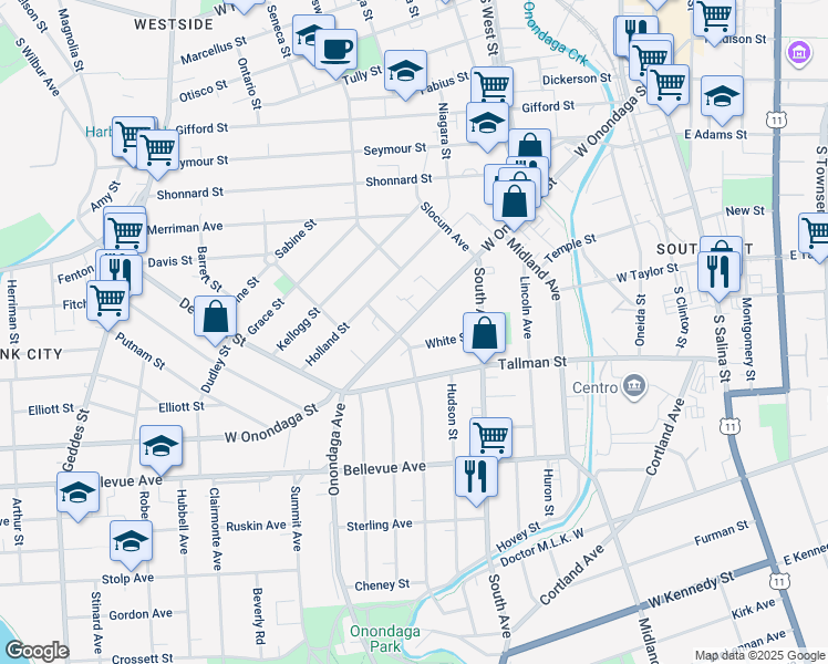 map of restaurants, bars, coffee shops, grocery stores, and more near 679 West Onondaga Street in Syracuse