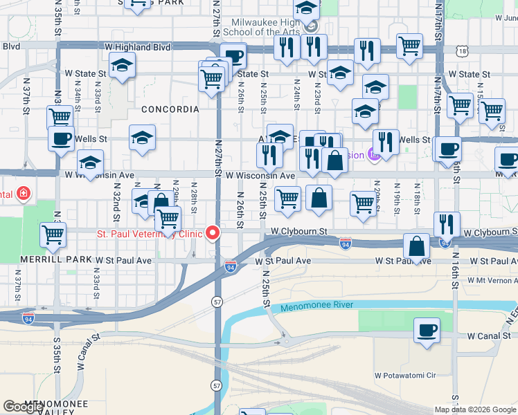 map of restaurants, bars, coffee shops, grocery stores, and more near 513 North 25th Street in Milwaukee