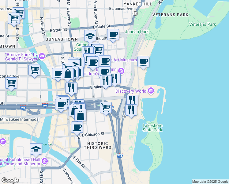 map of restaurants, bars, coffee shops, grocery stores, and more near 833 East Michigan Street in Milwaukee