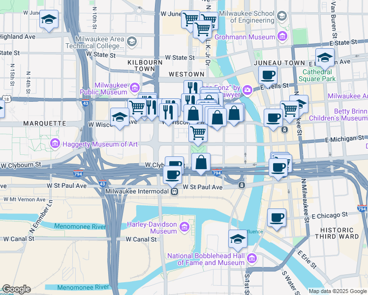 map of restaurants, bars, coffee shops, grocery stores, and more near 401 West Michigan Street in Milwaukee
