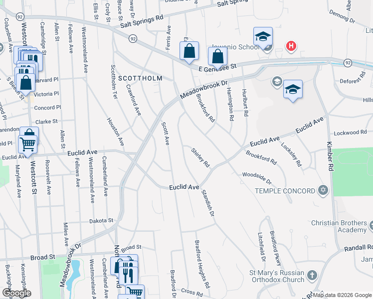 map of restaurants, bars, coffee shops, grocery stores, and more near 207 Standish Drive in Syracuse