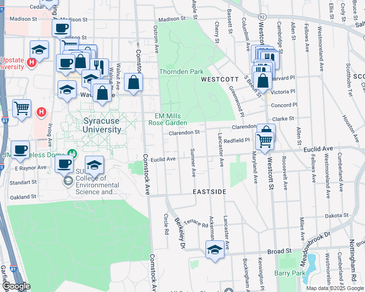 map of restaurants, bars, coffee shops, grocery stores, and more near 401 Euclid Avenue in Syracuse