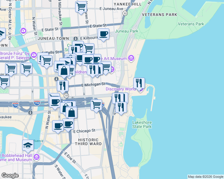 map of restaurants, bars, coffee shops, grocery stores, and more near in Milwaukee