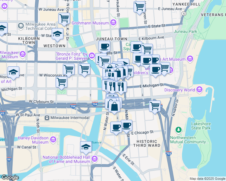 map of restaurants, bars, coffee shops, grocery stores, and more near 310 East Clybourn Street in Milwaukee