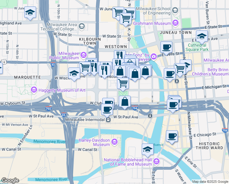 map of restaurants, bars, coffee shops, grocery stores, and more near 420 West Clybourn Street in Milwaukee