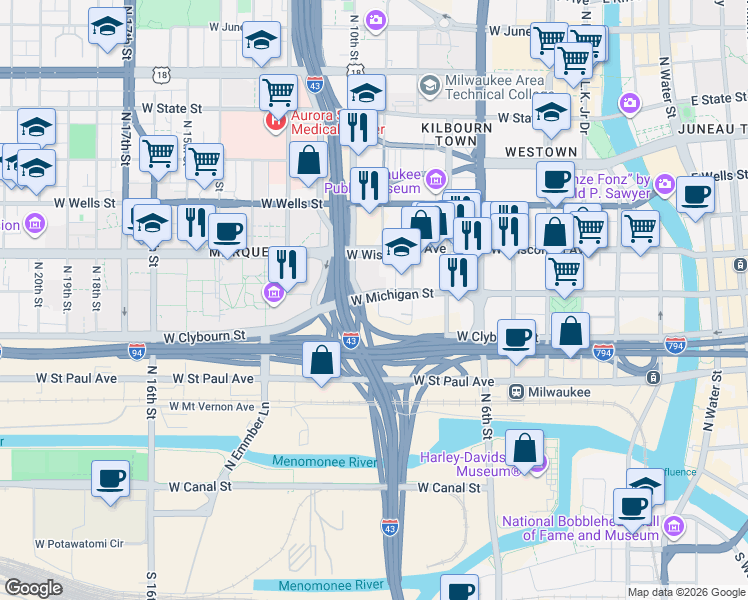 map of restaurants, bars, coffee shops, grocery stores, and more near 547 North 9th Street in Milwaukee