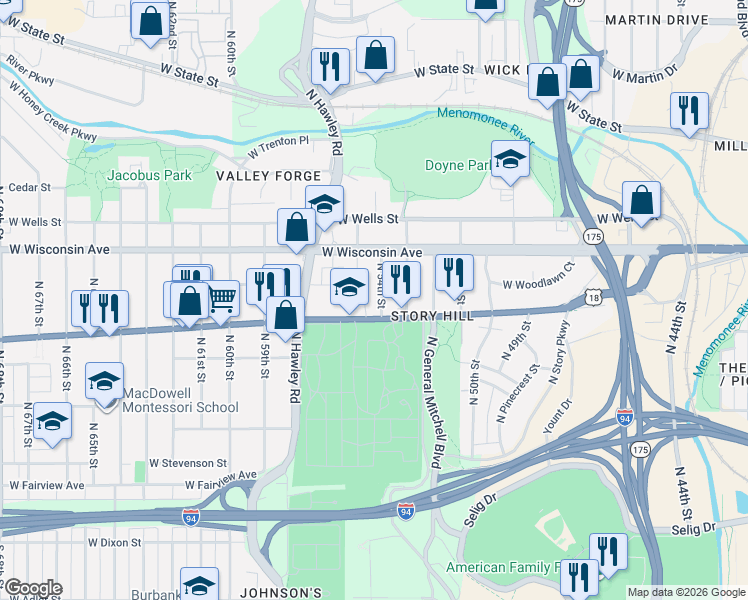 map of restaurants, bars, coffee shops, grocery stores, and more near in Milwaukee