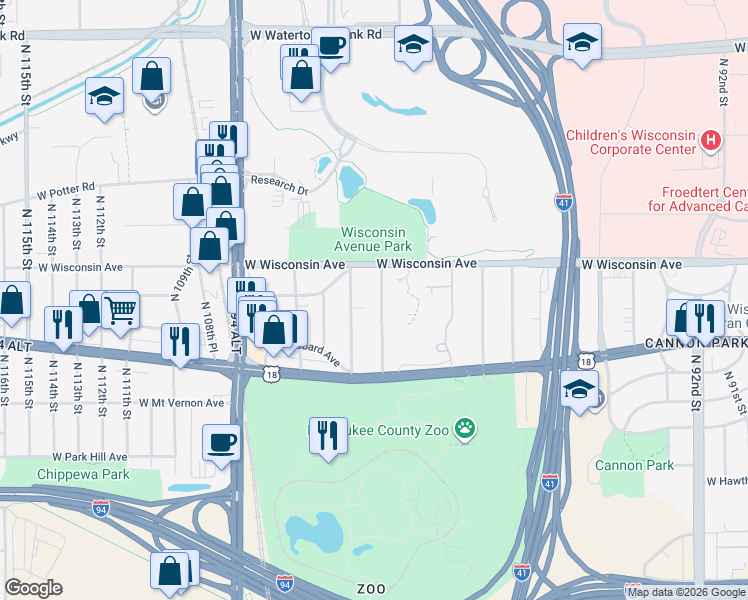map of restaurants, bars, coffee shops, grocery stores, and more near 531 North 103rd Street in Wauwatosa