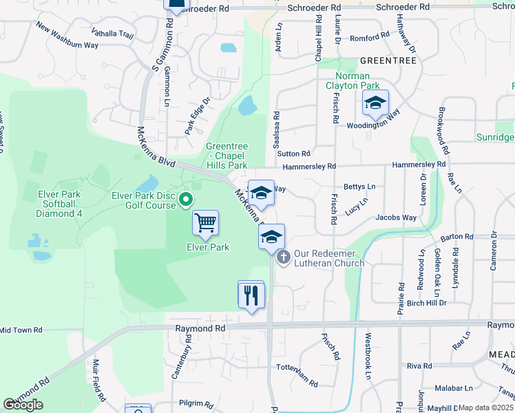map of restaurants, bars, coffee shops, grocery stores, and more near 1517 McKenna Boulevard in Madison