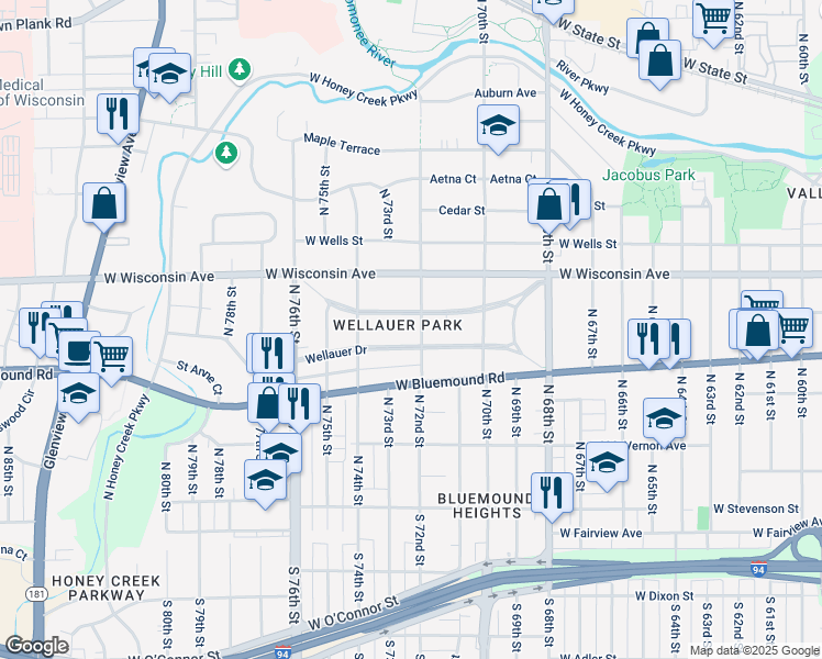 map of restaurants, bars, coffee shops, grocery stores, and more near 7237 Wellauer Drive in Wauwatosa