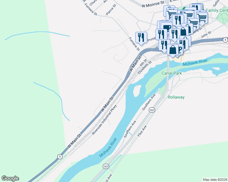 map of restaurants, bars, coffee shops, grocery stores, and more near 347 51 West Main Street in Little Falls