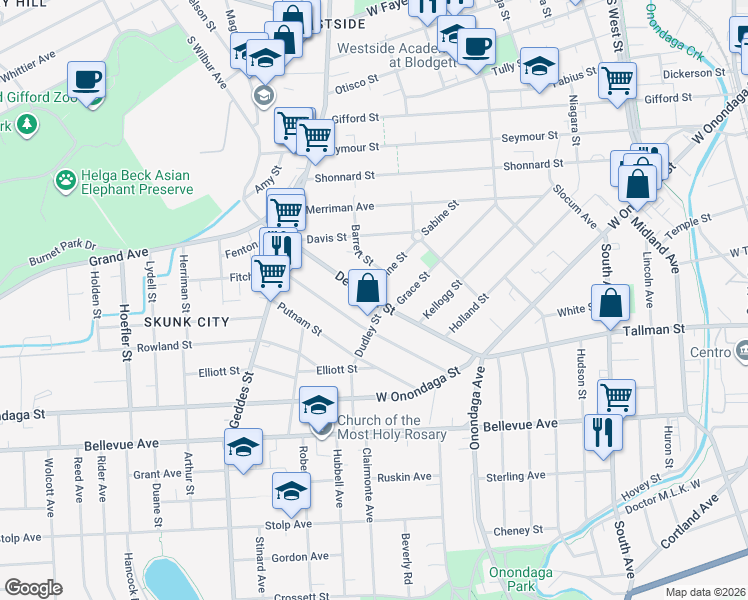 map of restaurants, bars, coffee shops, grocery stores, and more near 341-43 Delaware Street in Syracuse