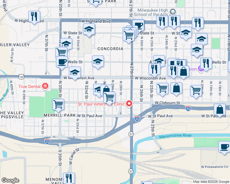 map of restaurants, bars, coffee shops, grocery stores, and more near 509 North 28th Street in Milwaukee
