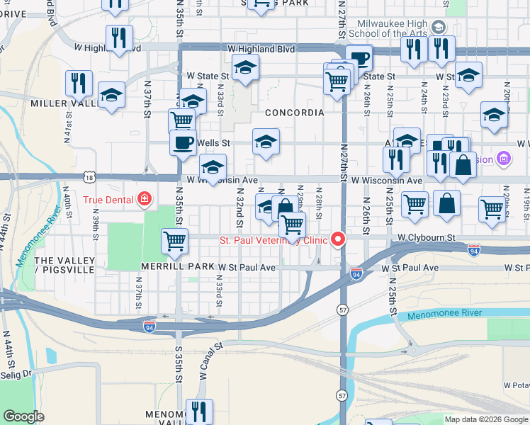 map of restaurants, bars, coffee shops, grocery stores, and more near 514 North 31st Street in Milwaukee