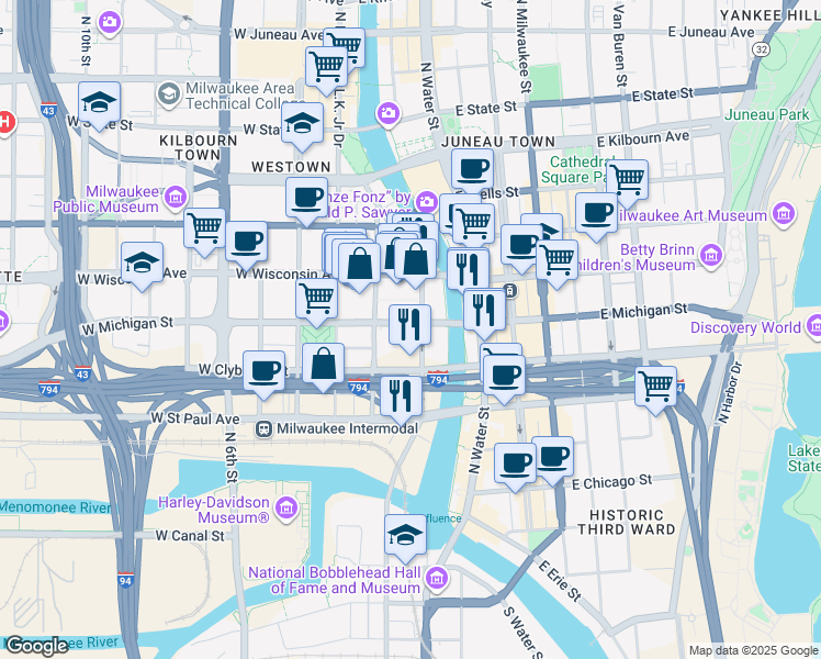 map of restaurants, bars, coffee shops, grocery stores, and more near 555n North Plankinton Avenue in Milwaukee