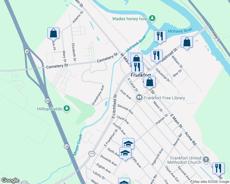 map of restaurants, bars, coffee shops, grocery stores, and more near 102 First Avenue in Frankfort