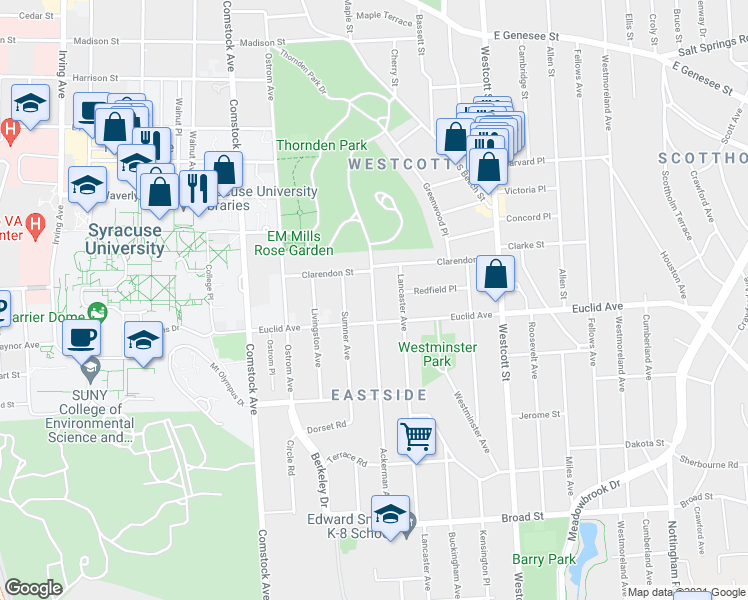 map of restaurants, bars, coffee shops, grocery stores, and more near 741 Ackerman Avenue in Syracuse