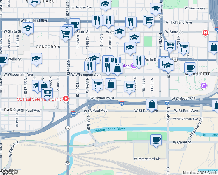 map of restaurants, bars, coffee shops, grocery stores, and more near 2301 West Michigan Street in Milwaukee