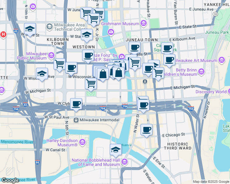 map of restaurants, bars, coffee shops, grocery stores, and more near 555 North Plankinton Avenue in Milwaukee