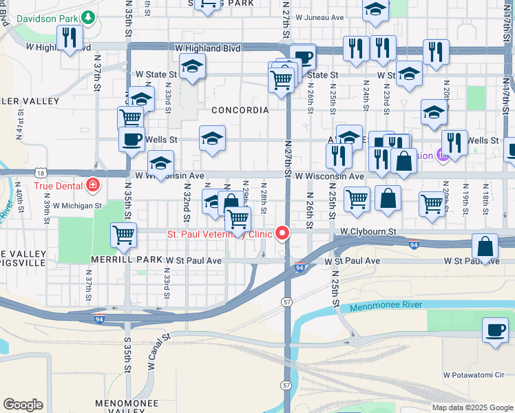 map of restaurants, bars, coffee shops, grocery stores, and more near 2807 West Michigan Street in Milwaukee