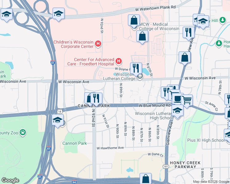 map of restaurants, bars, coffee shops, grocery stores, and more near 560 North 90th Street in Milwaukee