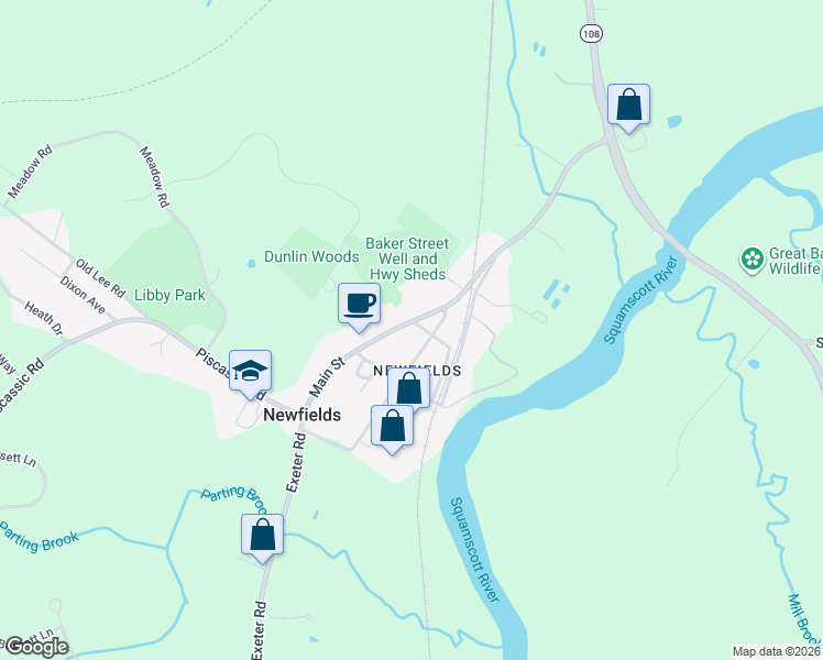 map of restaurants, bars, coffee shops, grocery stores, and more near 52 Main Street in Newfields