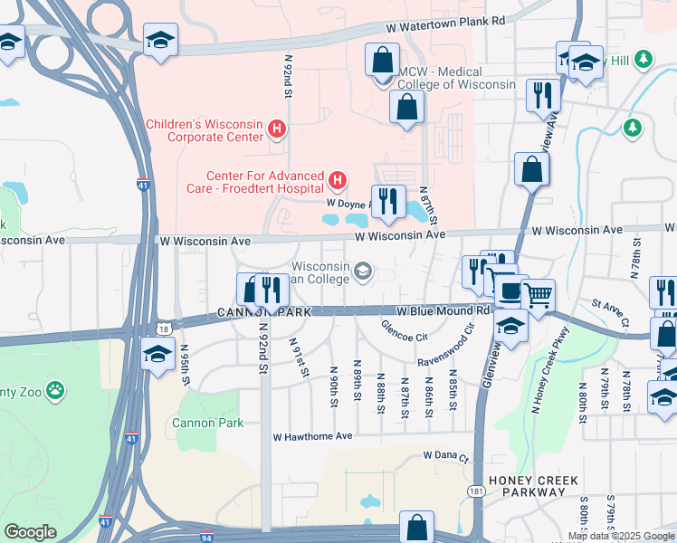 map of restaurants, bars, coffee shops, grocery stores, and more near 603 North 89th Street in Milwaukee