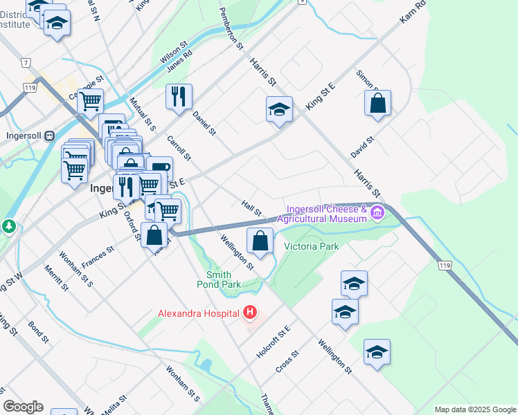 map of restaurants, bars, coffee shops, grocery stores, and more near 299 Hall Street in Ingersoll