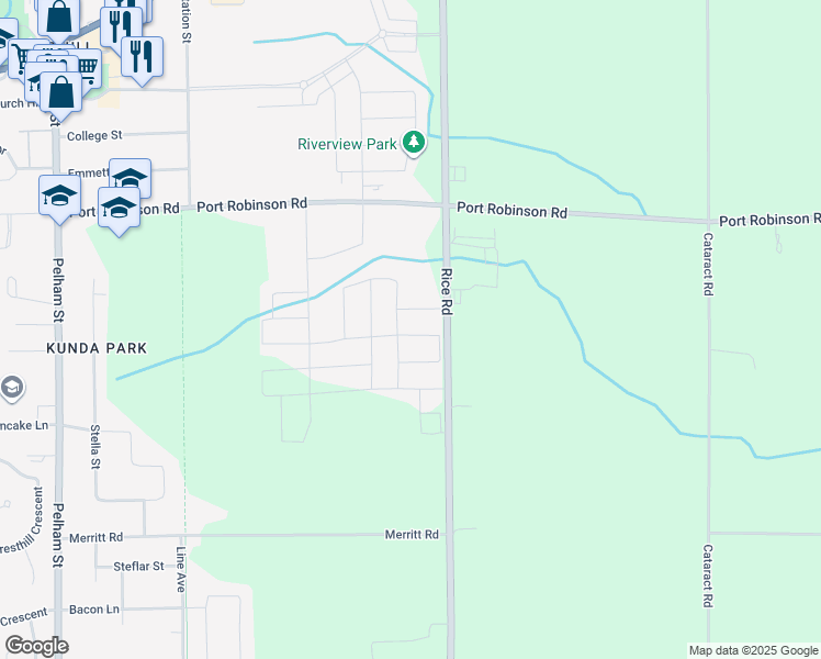 map of restaurants, bars, coffee shops, grocery stores, and more near 127 Acacia Road in Welland