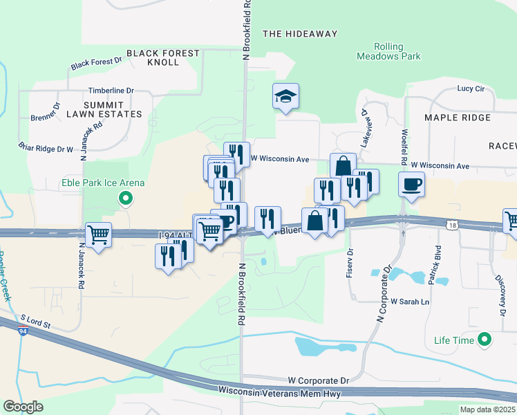 map of restaurants, bars, coffee shops, grocery stores, and more near 18740 West Bluemound Road in Brookfield