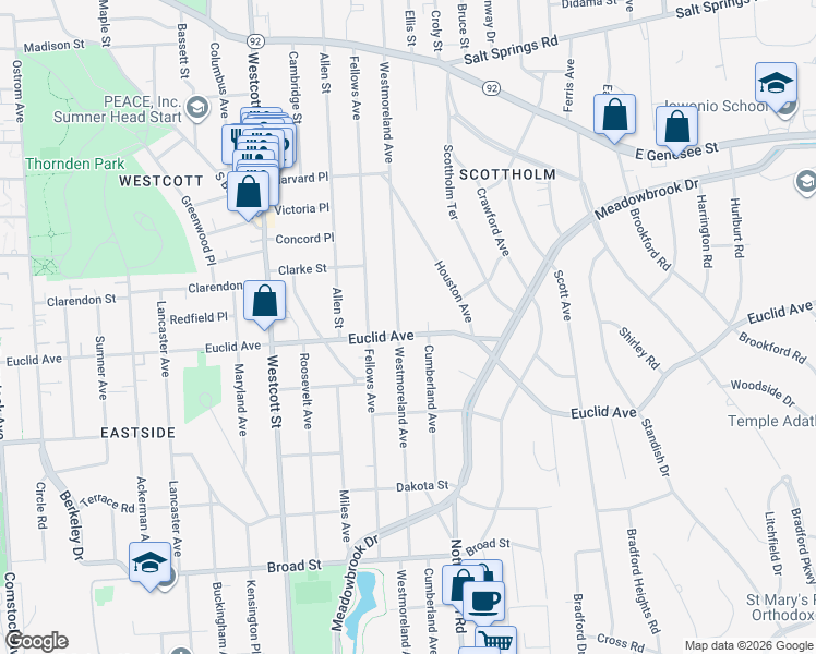 map of restaurants, bars, coffee shops, grocery stores, and more near 436-56 Cumberland Avenue in Syracuse