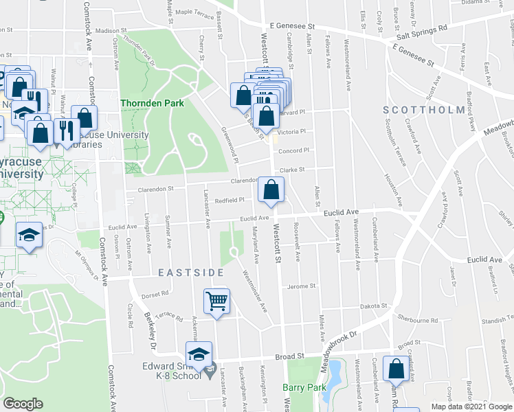 map of restaurants, bars, coffee shops, grocery stores, and more near 710 Maryland Avenue in Syracuse