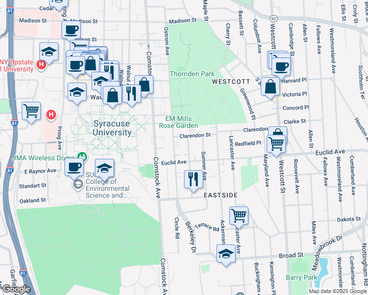 map of restaurants, bars, coffee shops, grocery stores, and more near in Syracuse