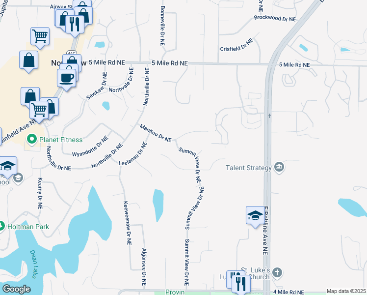 map of restaurants, bars, coffee shops, grocery stores, and more near 2900 Manitou Drive Northeast in Grand Rapids