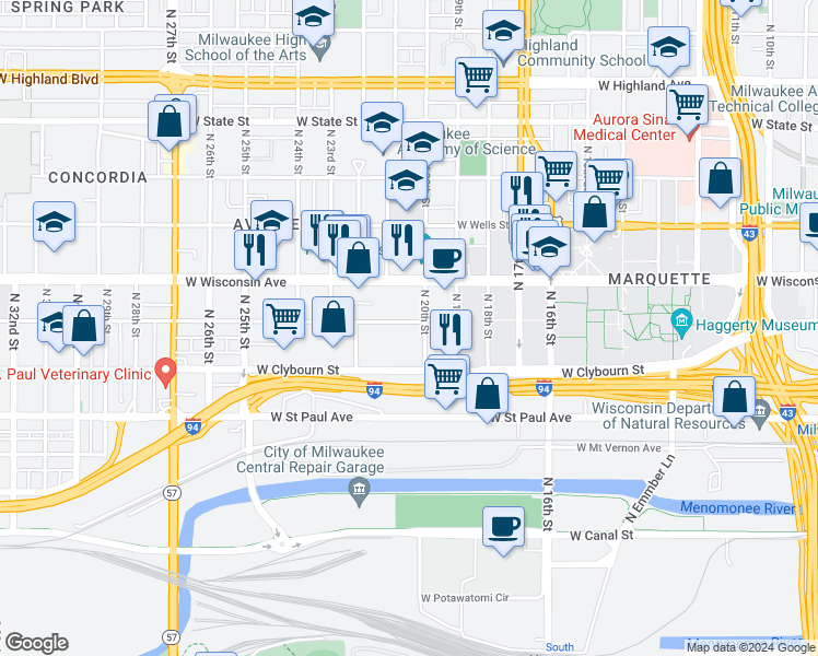 map of restaurants, bars, coffee shops, grocery stores, and more near 623R North 20th Street in Milwaukee